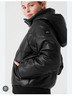 alo yoga faux leather boss puffer jacket size S